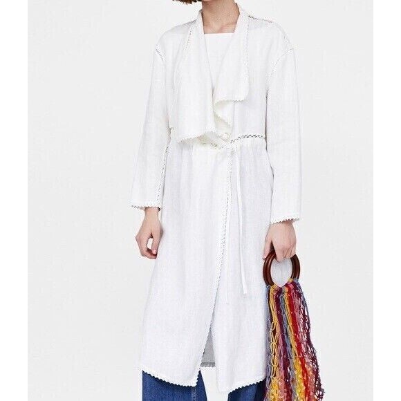 Zara Woman White Linen Duster Trench Coat size XS Oversized Lagenlook Minimalist - Picture 10 of 11